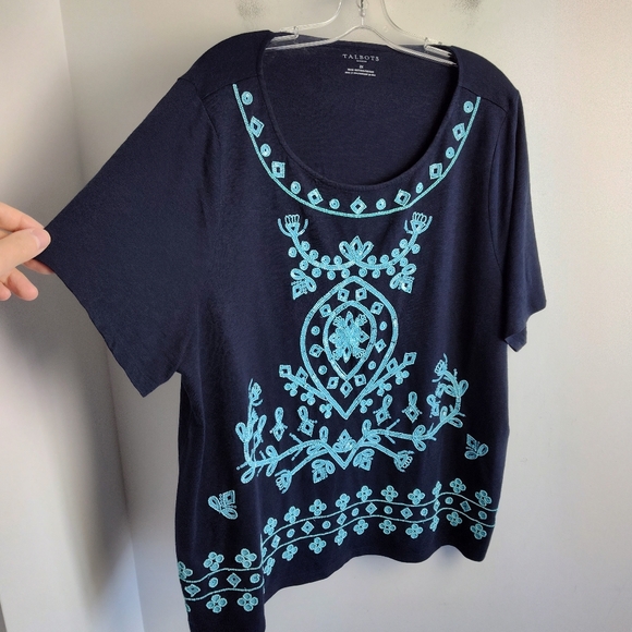 New Talbots Embellished Top cotton beaded navy blue turquoise tunic coastal 3X - Picture 7 of 16